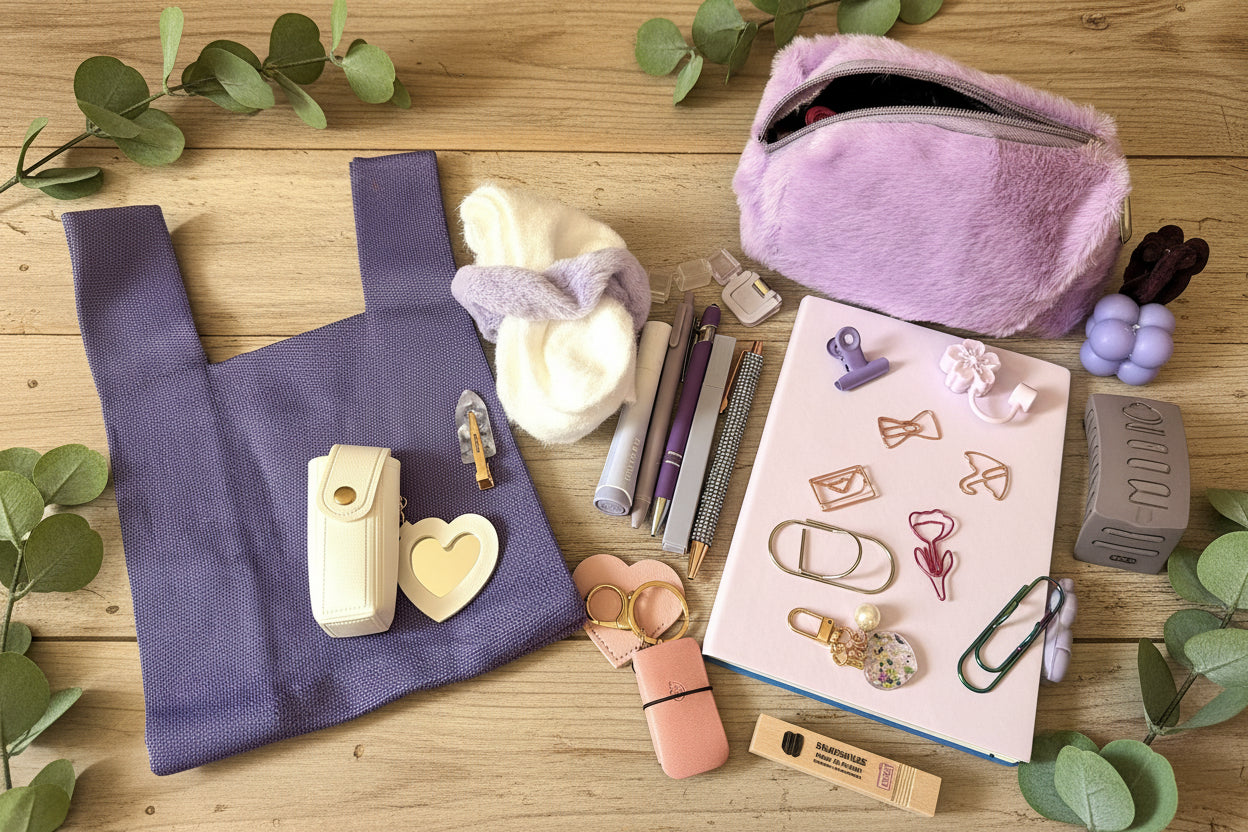 Purple bag with stationery items.