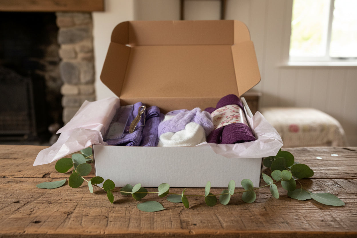 Box containing various items including socks and a keychain.