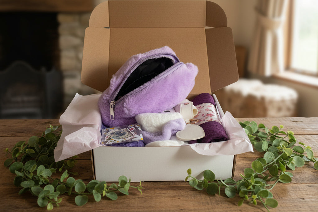 Box containing a purple plush toy, stationery items, and a small bag.