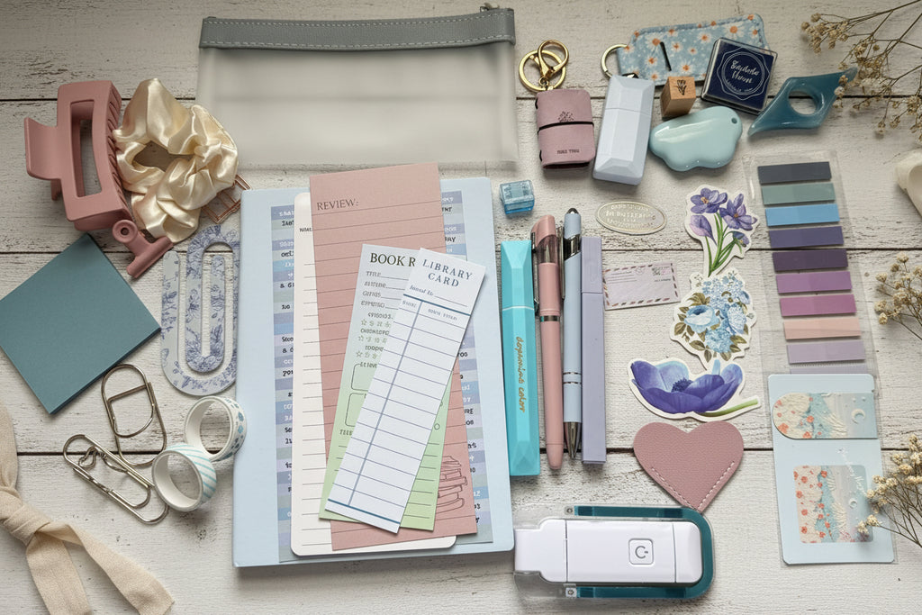 Collection of stationery items including notebooks, pens, and decorative elements