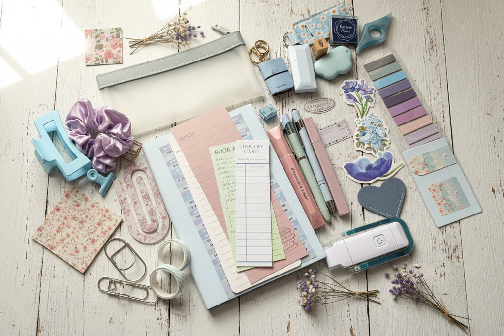 Collection of stationery items including notebooks, pens, and decorative elements.