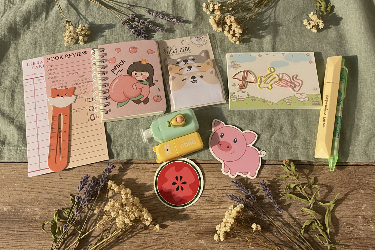 Collection of stationery items including notebooks, stickers, and a pen.