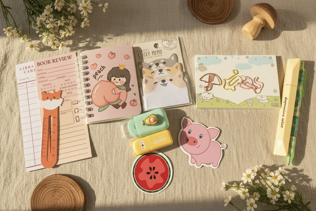 Collection of stationery items including notebooks, stickers, and a pen.