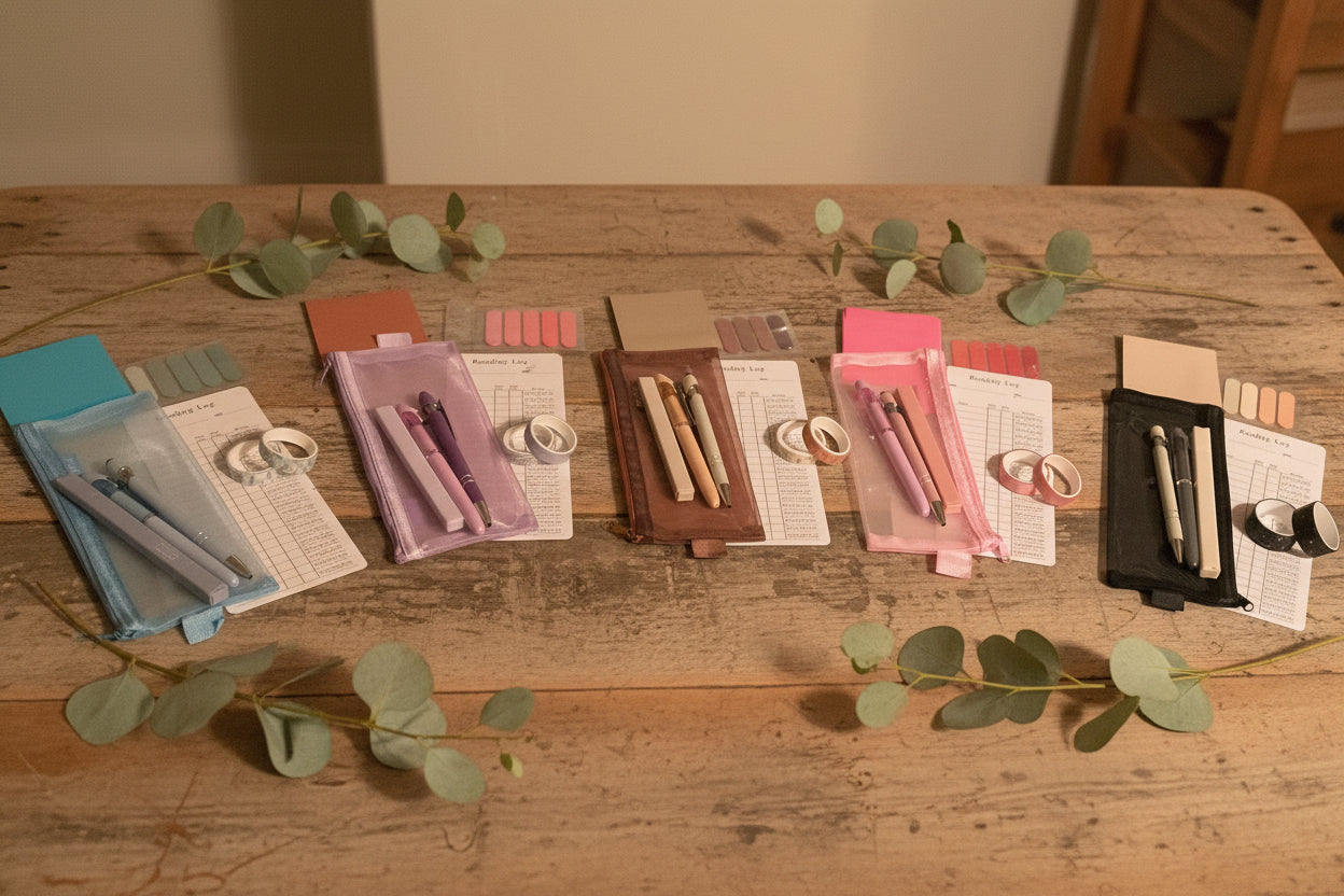 Stationery items including pens, rulers, and erasers.