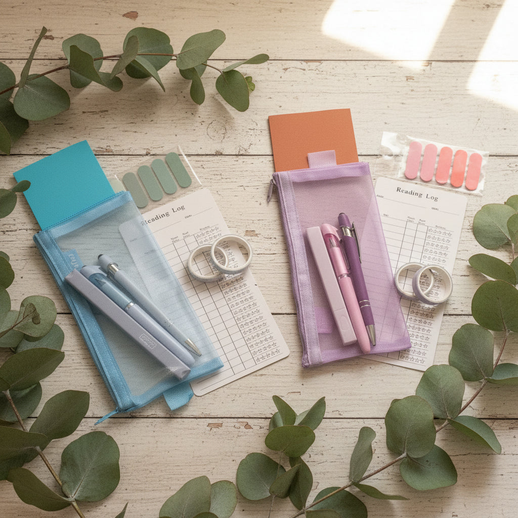 Stationery items including pens, a pencil case, and reading logs.
