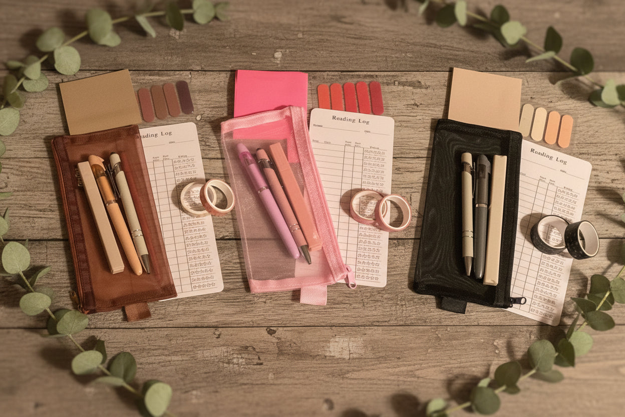 Stationery items including pens, tape, and notebooks.