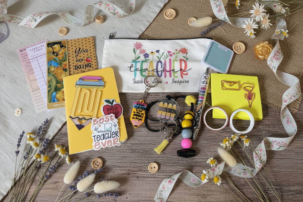 Collection of teacher-themed stationery items.
