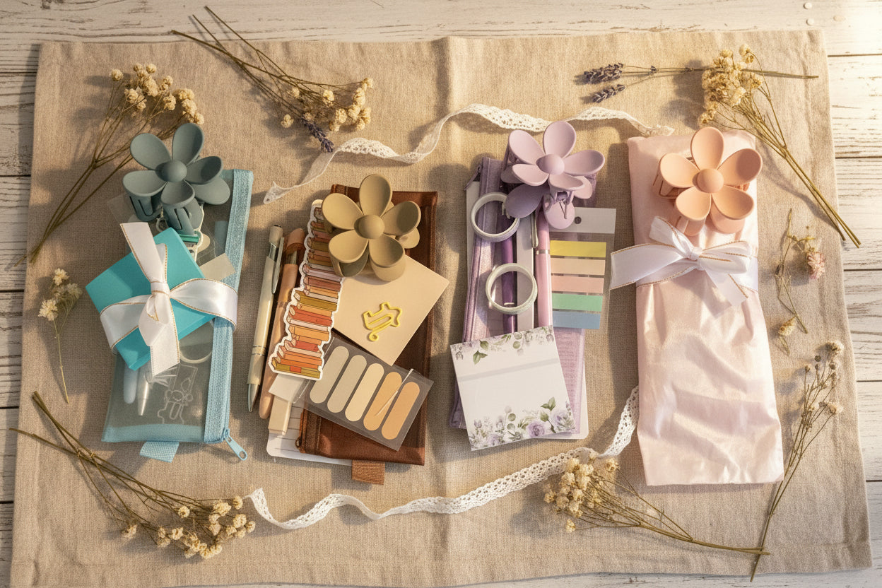 Collection of decorative items including flowers, ribbons, and packaging.