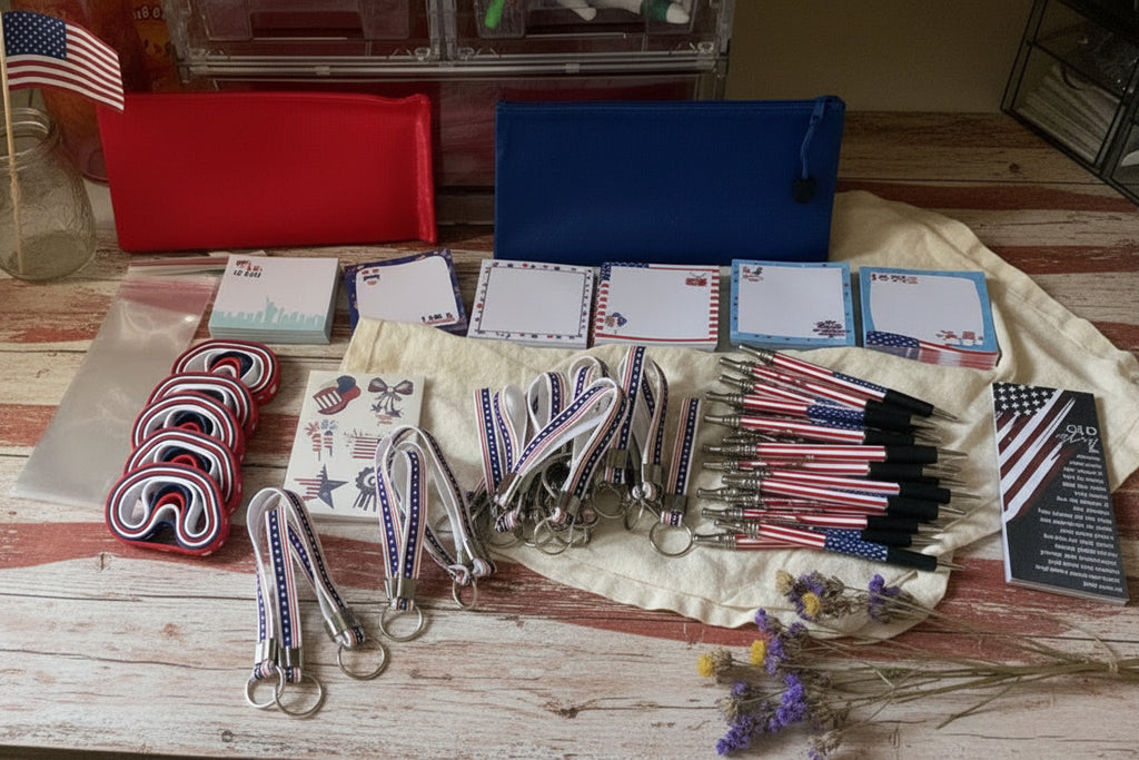 Assorted patriotic stationery items including pens, notepads, tattoos, lanyard, bracelet and bookmark!