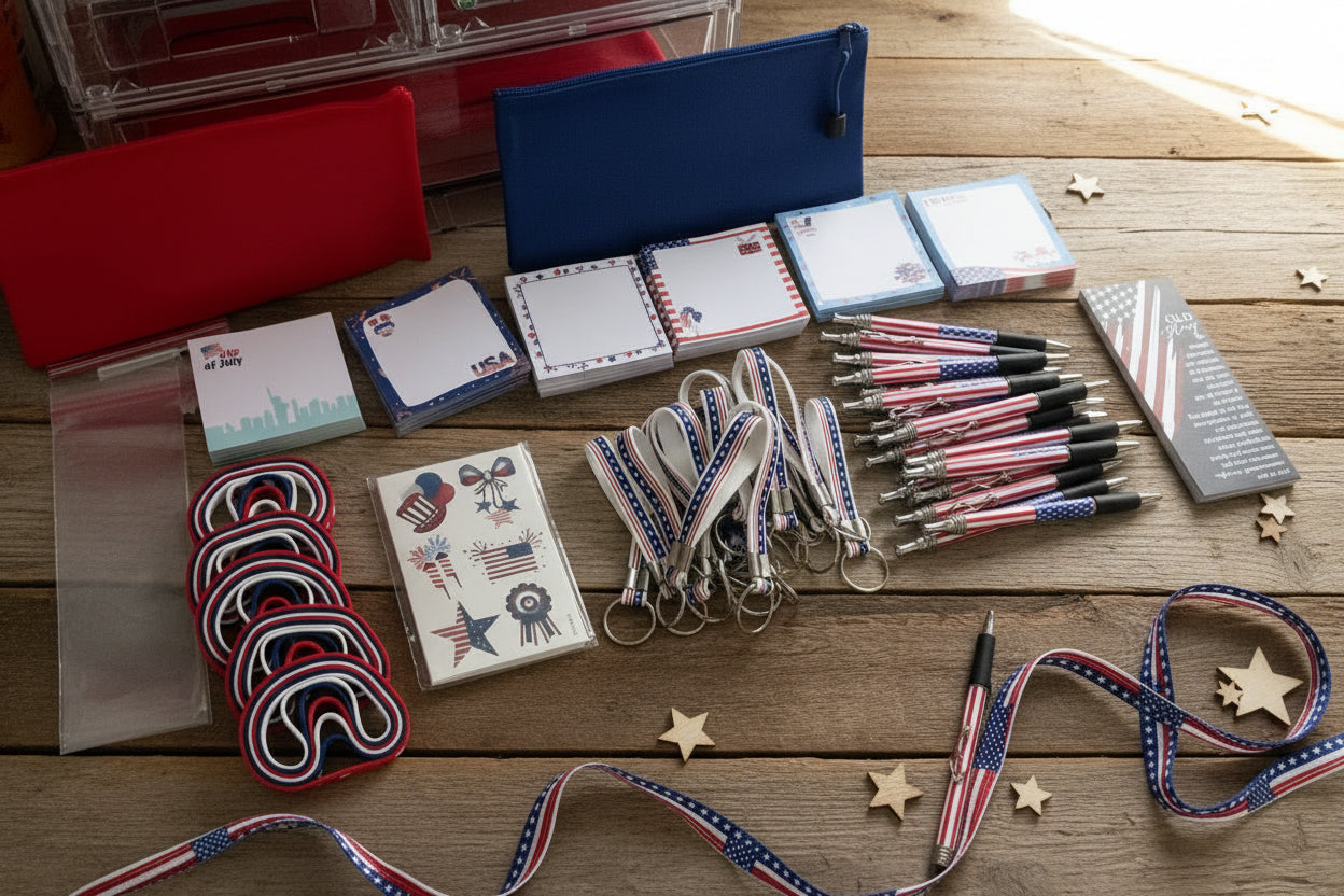 Assorted patriotic stationery items including pens, notepads, tattoos, lanyard, bracelet and bookmark!