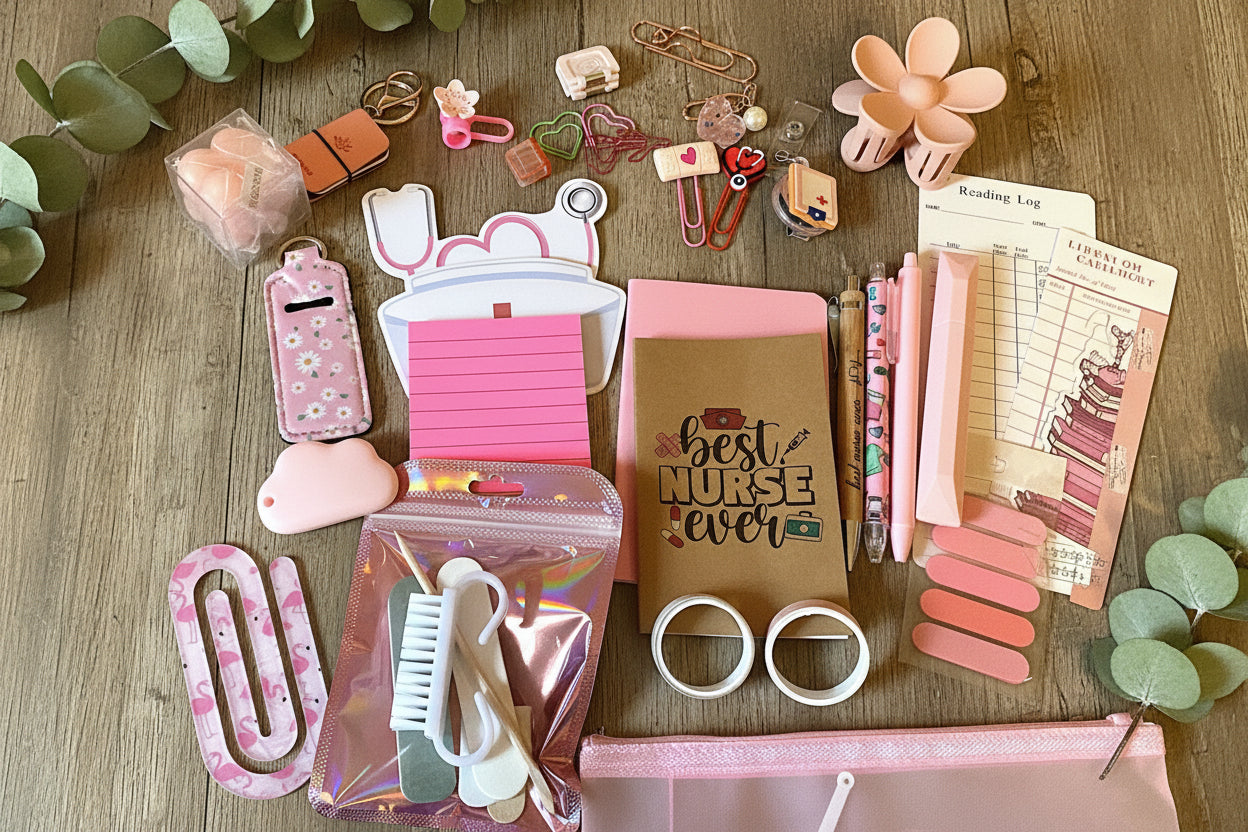 Collection of stationery items including a pink notebook with 'Best Nurse Ever' text, clips, and small decorative objects on a light surface.