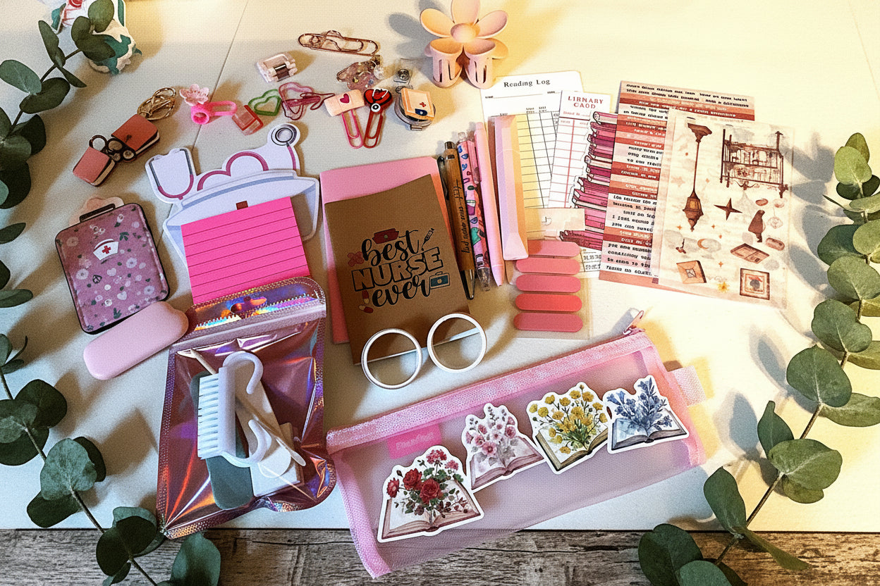 Collection of stationery items including post-it notes, stickers, and a notebook.