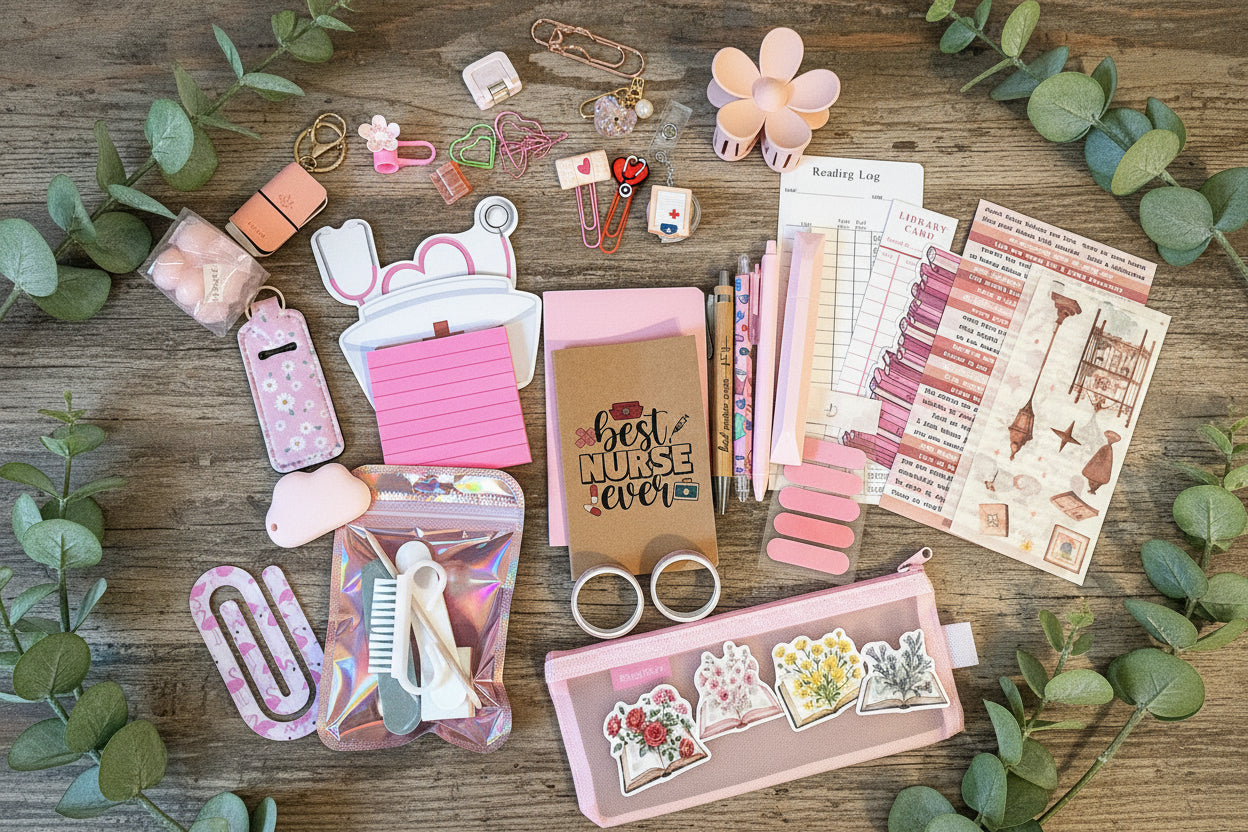 Collection of stationery items including clips, notebooks, and decorative papers.