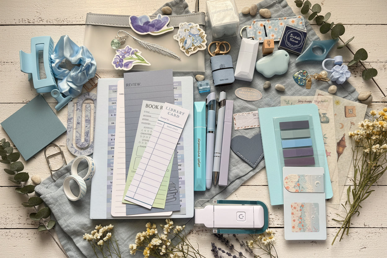 Collection of stationery items including pens, paper, and decorative objects.