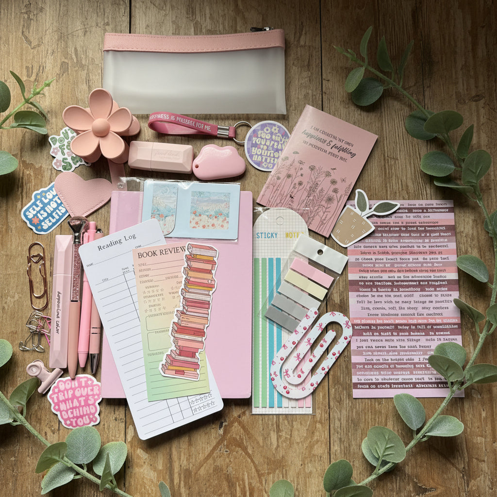 Collection of stationery items including stickers, paper clips, and a keychain.