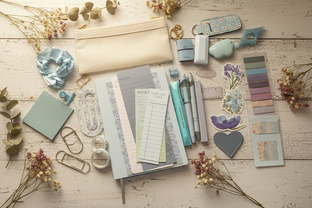Collection of stationery items including pens, paper, and decorative elements. 