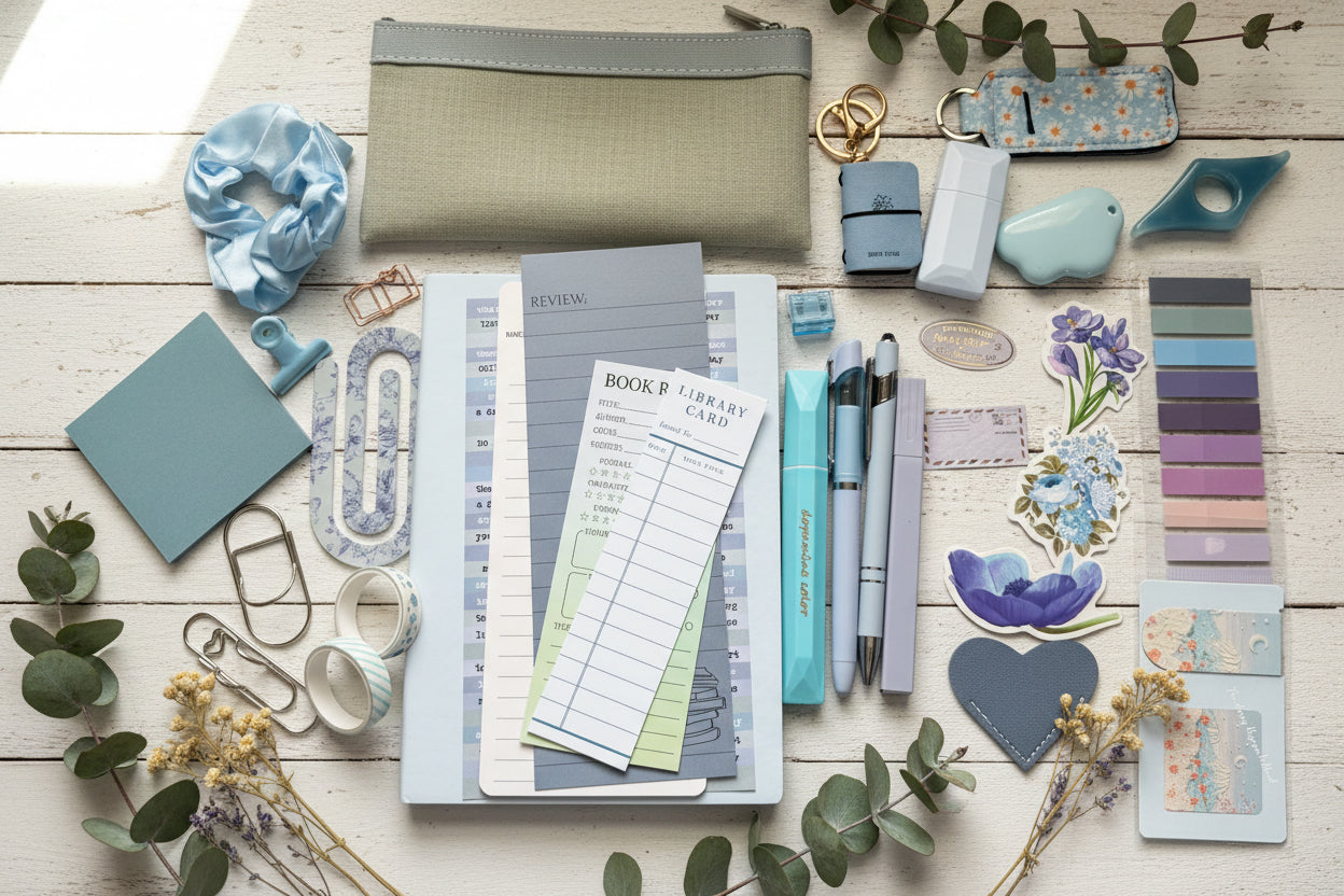 Collection of stationery items including a planner, stickers, and office supplies. 