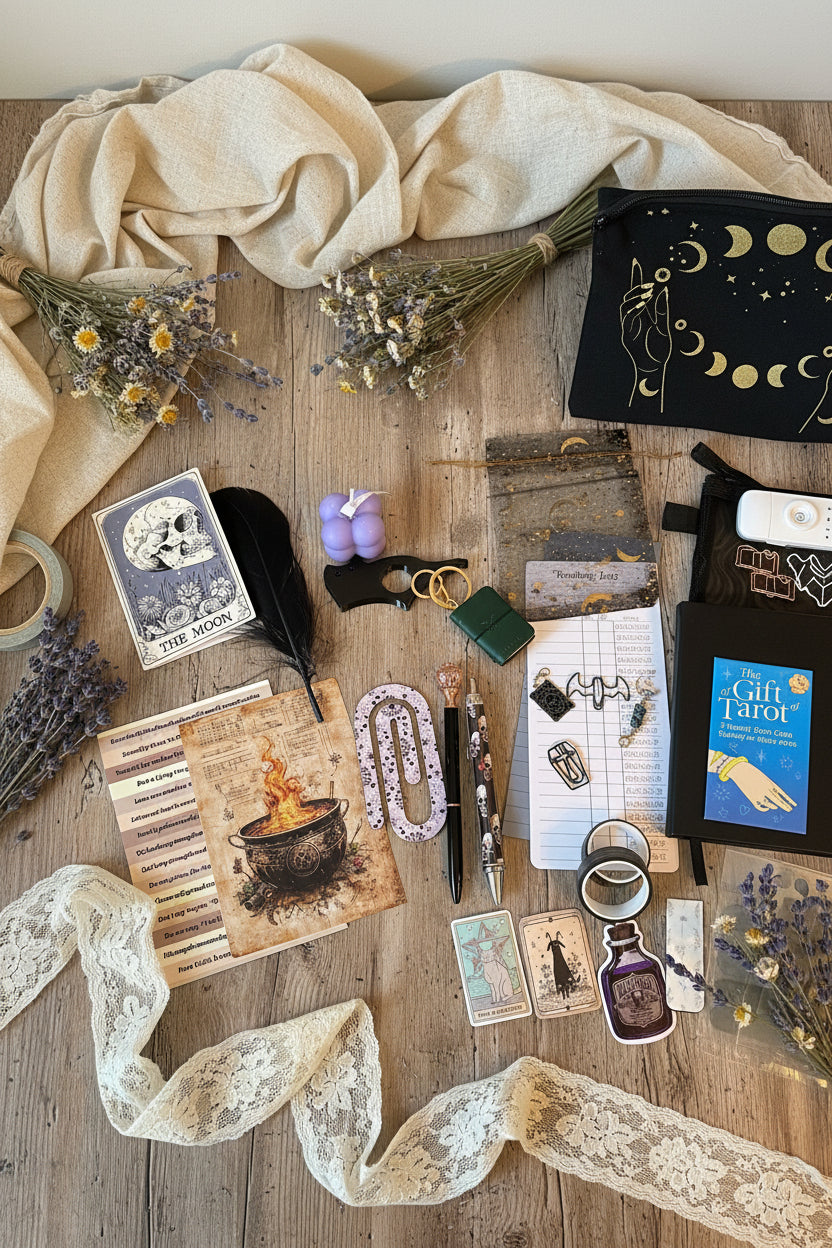 Wooden surface with tarot cards, crystals, and decorative items.