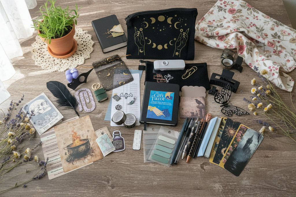 Collection of tarot cards, books, and other paraphernalia.