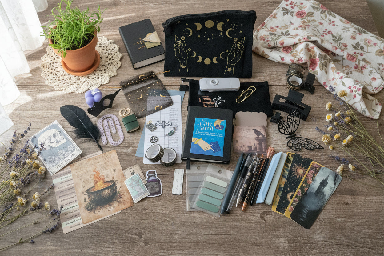 Collection of tarot cards, books, and other paraphernalia.