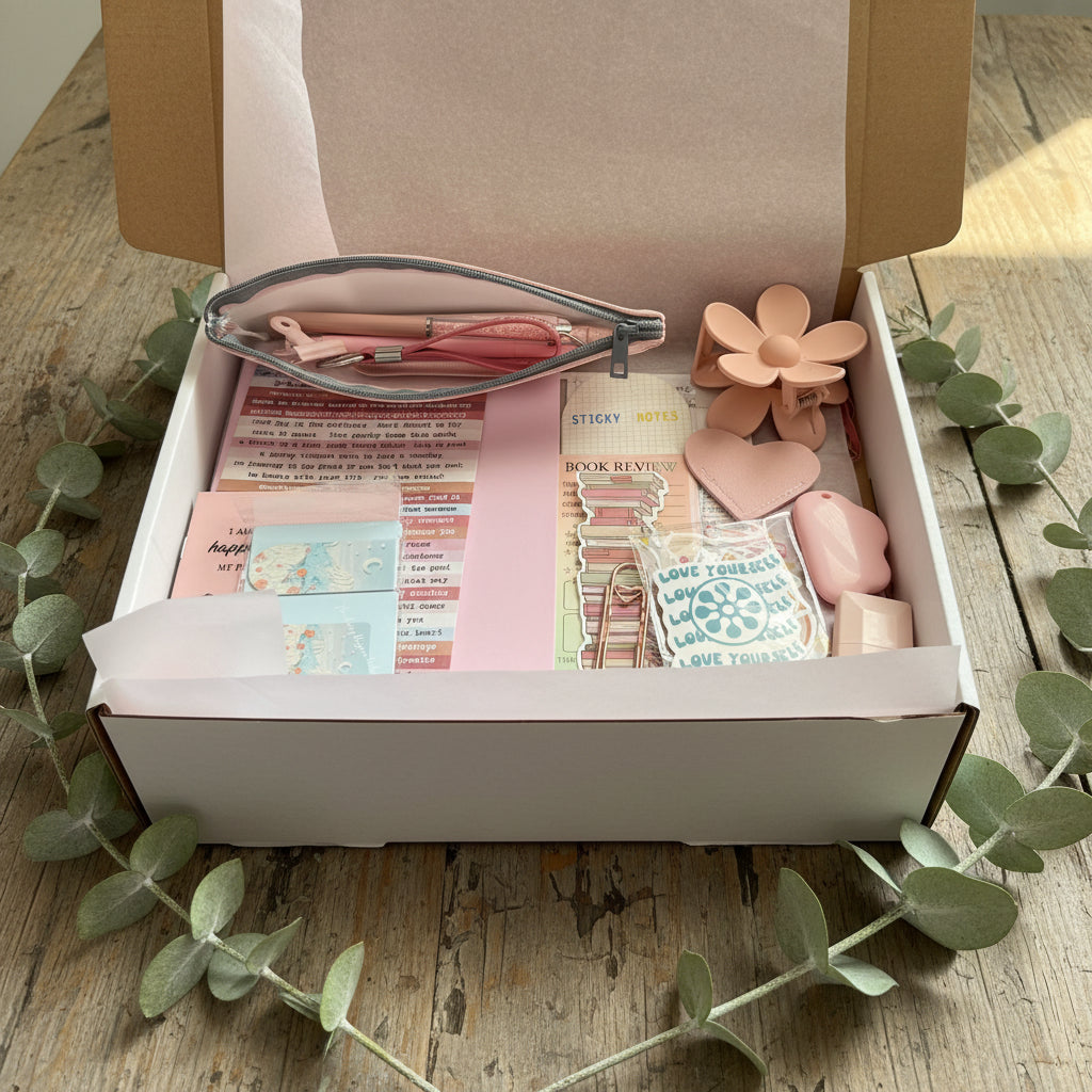 Assorted stationery items including a pink pouch, flowers, and books.