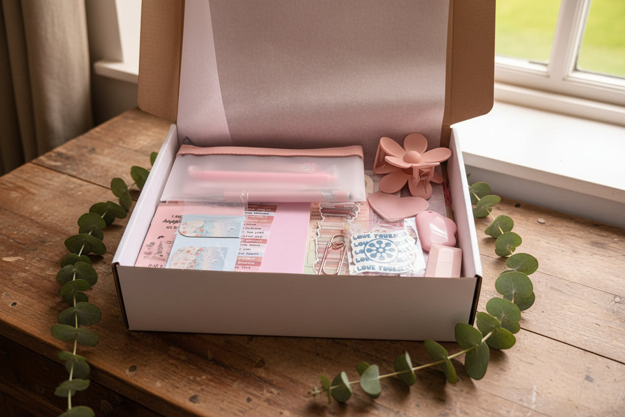 Stationery set with pink pen, stickers, and other items.
