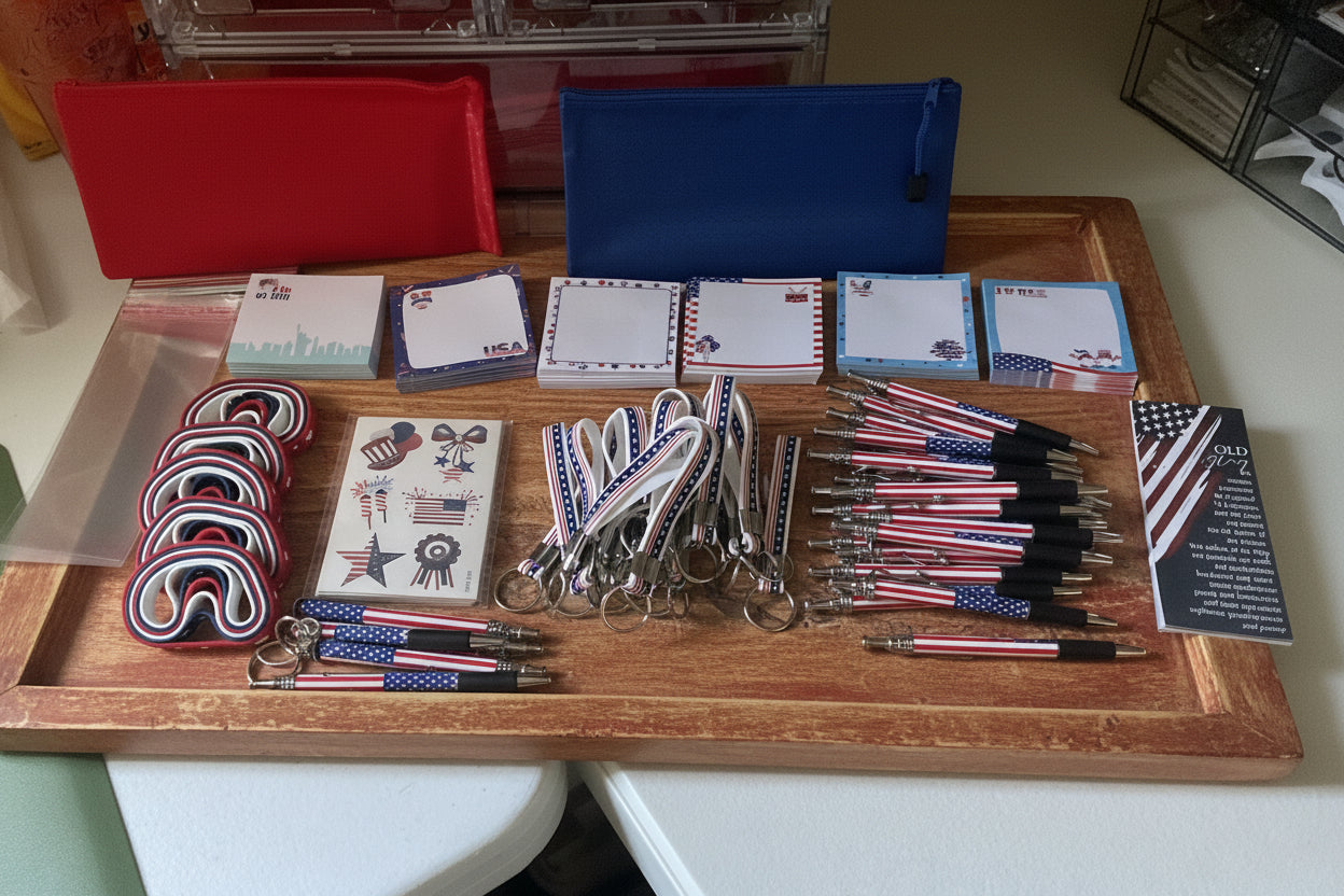 Assorted patriotic stationery items including pens, notepads, tattoos, lanyard, bracelet and bookmark!