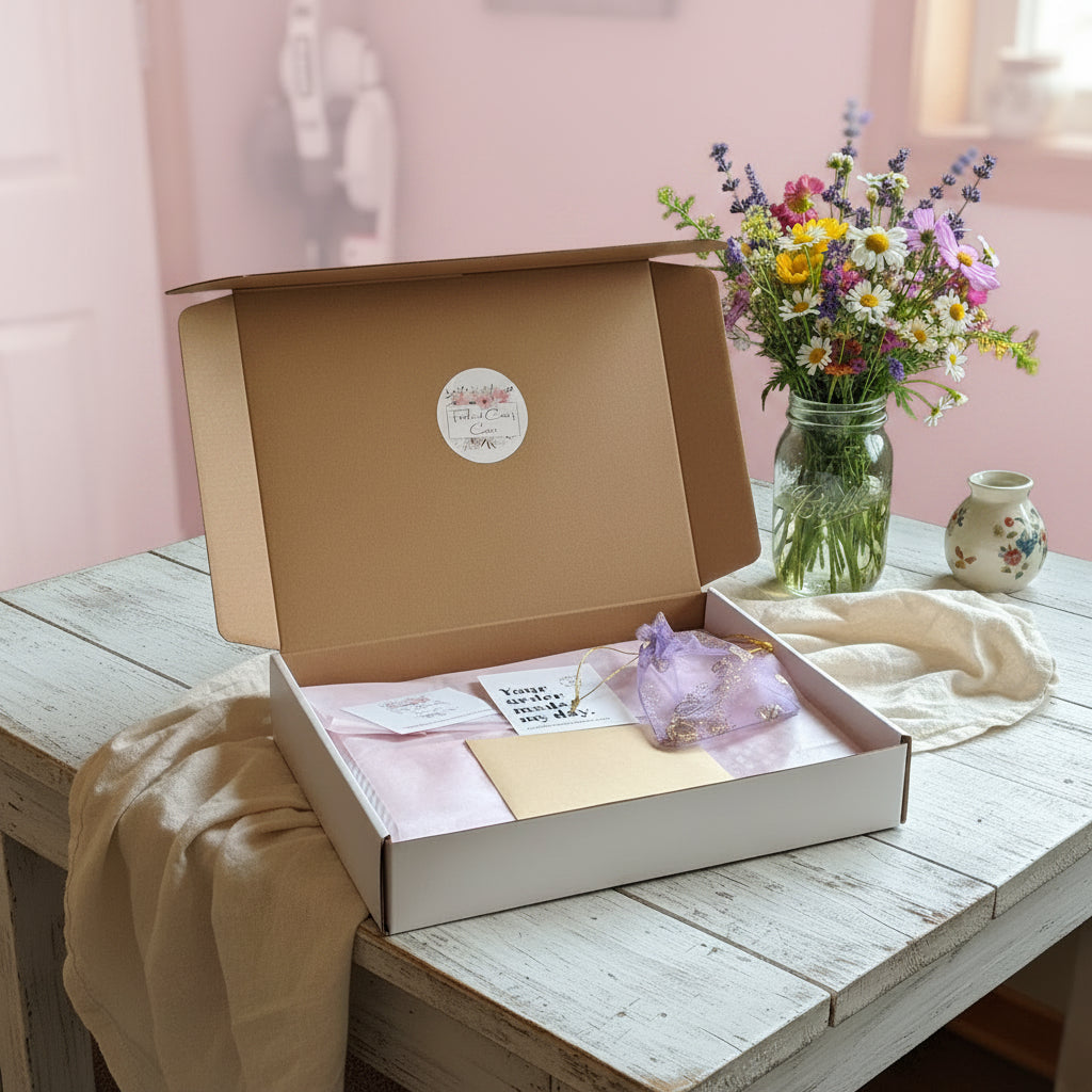 Open cardboard box with stationery items.
