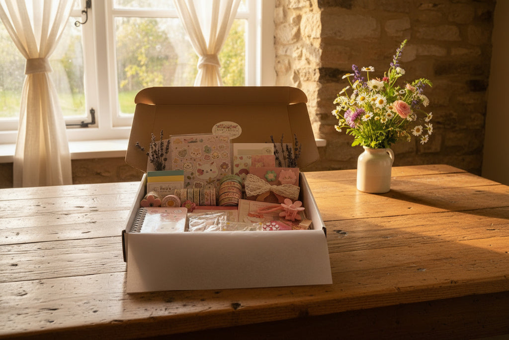 Open box containing stationery items.