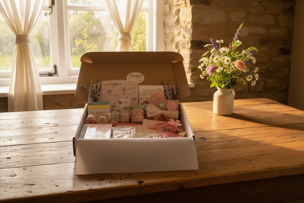 Open box containing stationery items.