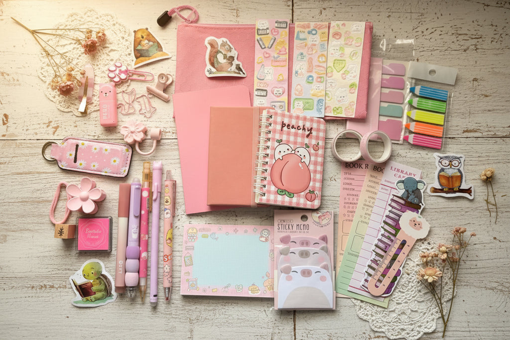 Collection of stationery items including notebooks, pens, and decorative stickers.