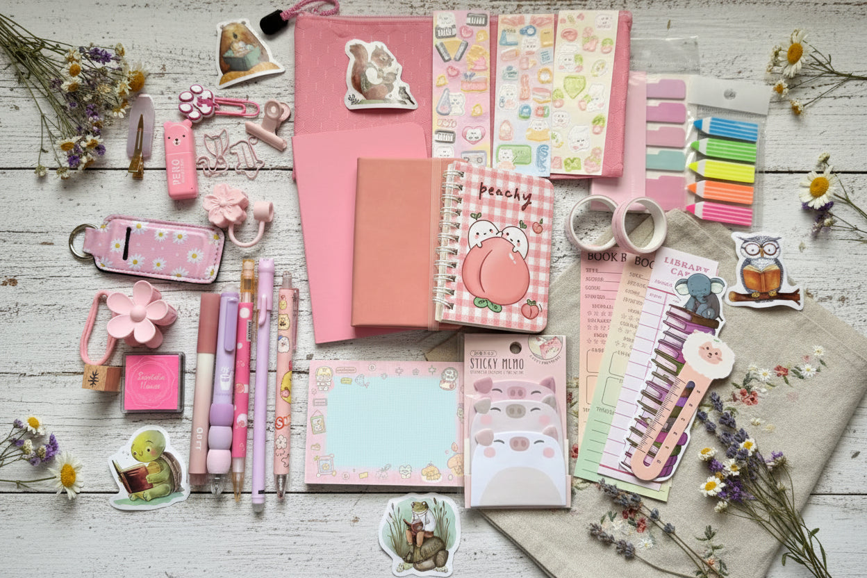 Collection of stationery items including notebooks, pens, and decorative stickers.